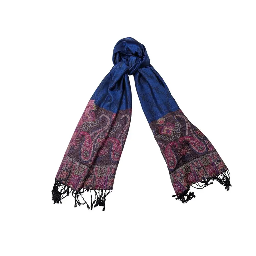 Gift From Jerusalem Cashmere Scarf Blue Floral Print Fringe Rectangular
